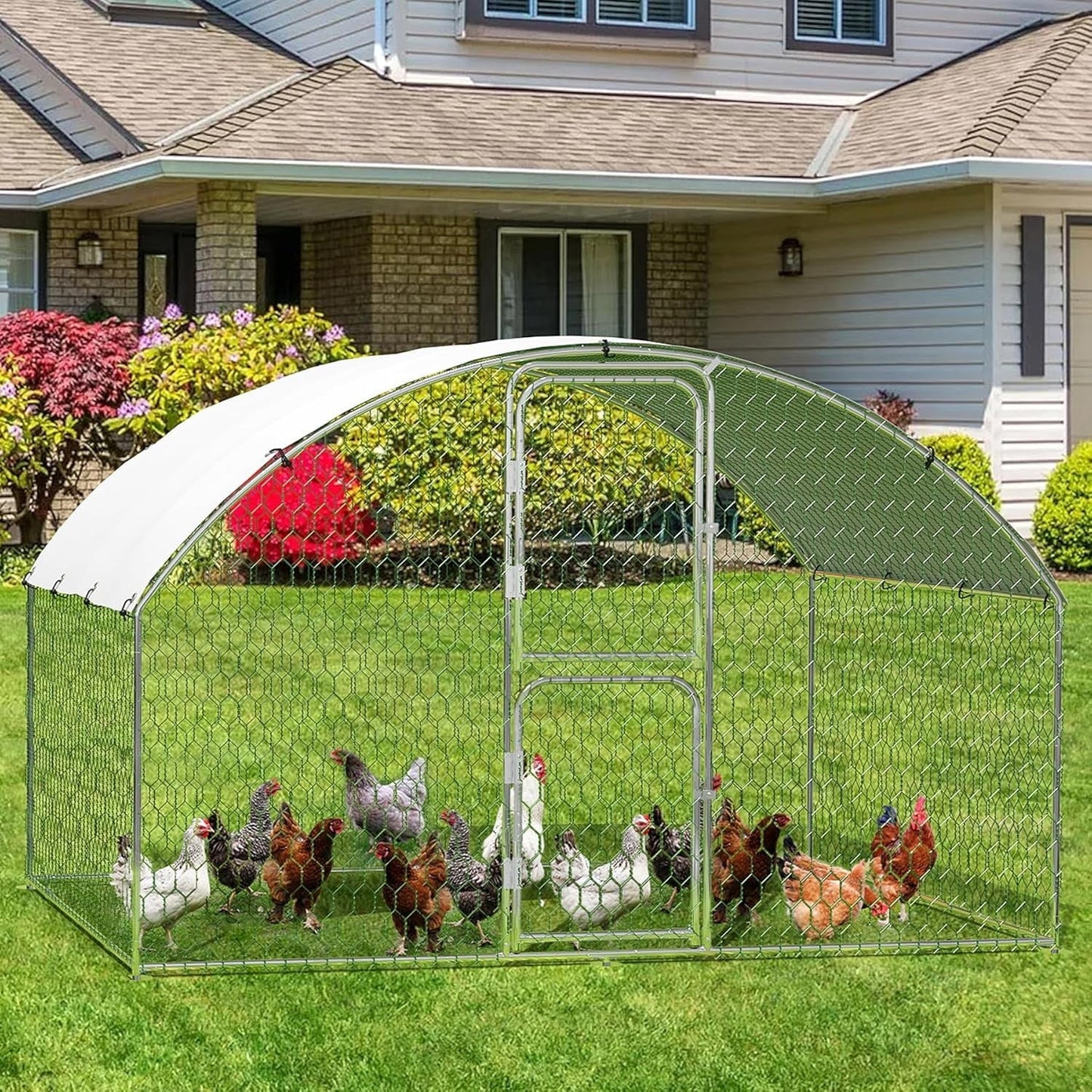 M optimized Large Metal Chicken Coop, Doom Roof Chicken Pen, Wire Mesh Chicken Run with Double Door & Waterproof Cover, Duck Rabbit House Outdoor, 9.8' x 6.5' x 6.5'