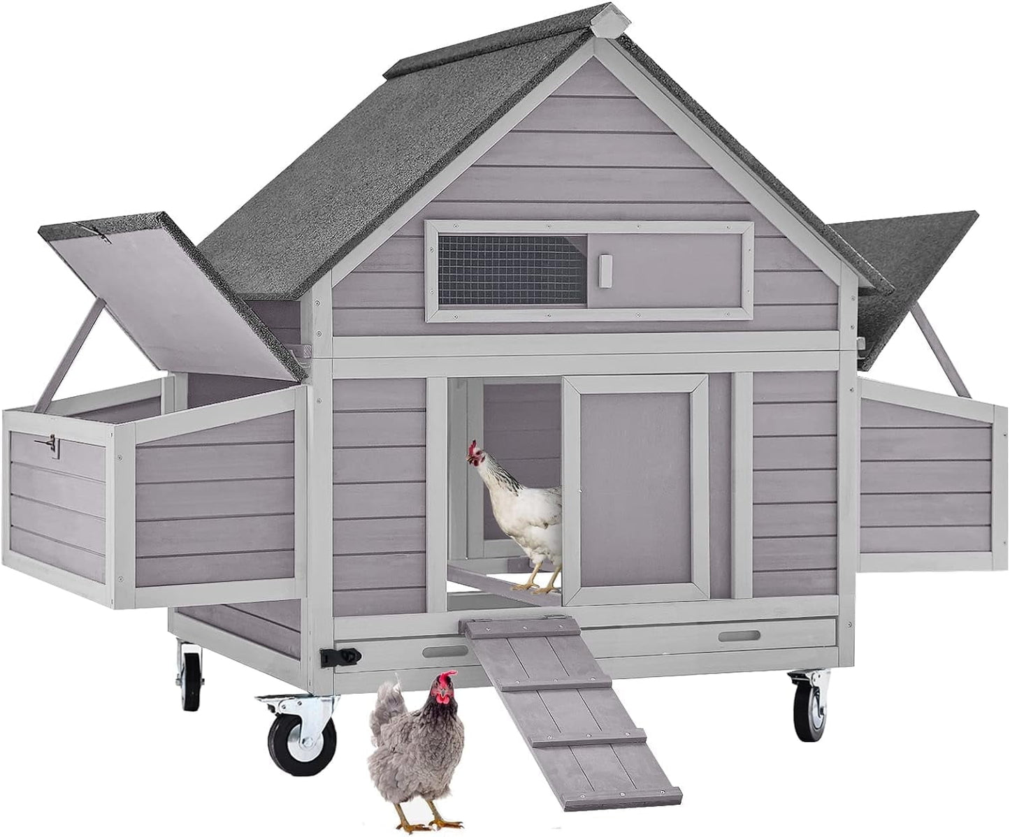 BUTINGLALE Chicken Coop on Wheels Movable Hen House with Two Nesting Boxes, Large Poultry Cage Outdoor Duck Cage