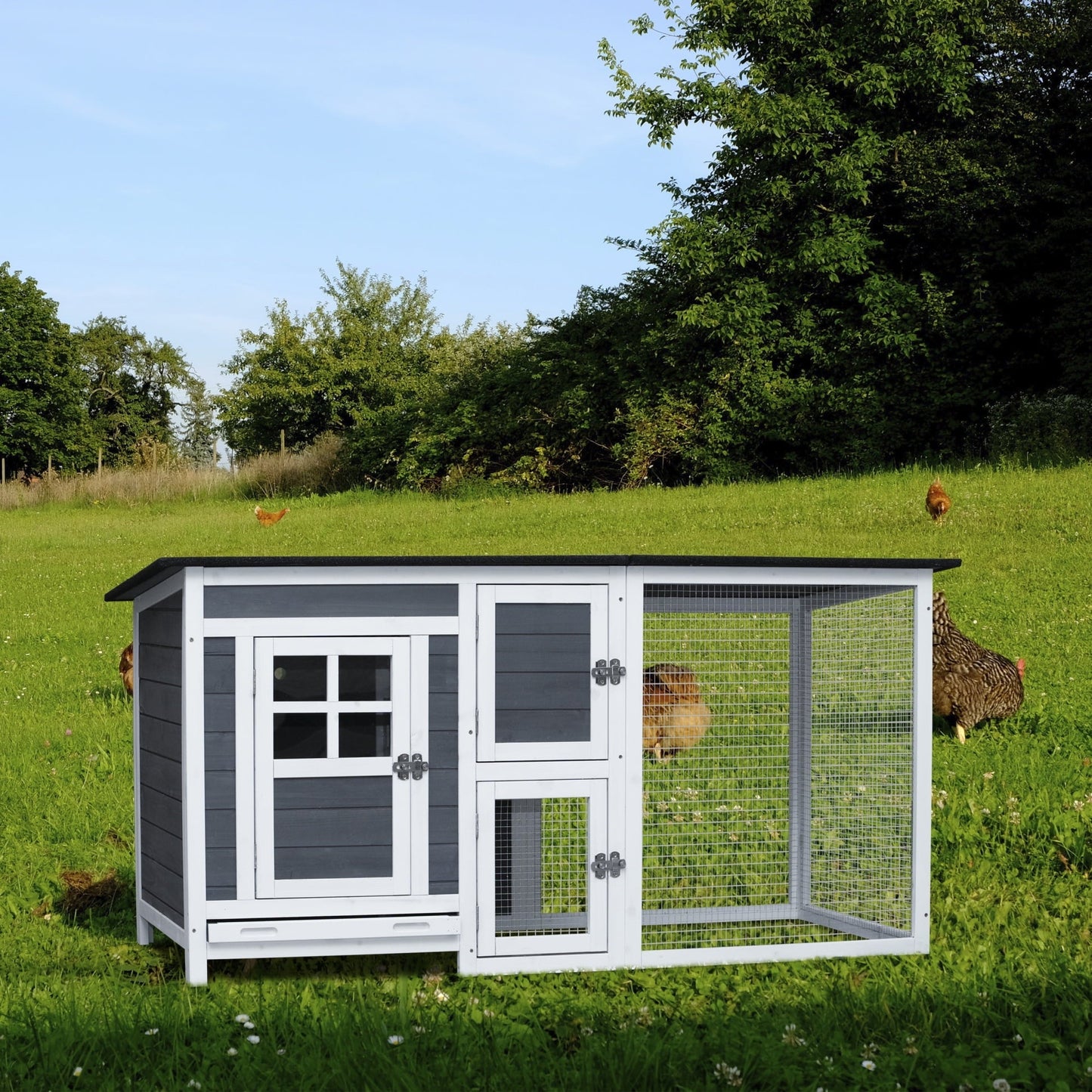 Outdoor Chicken Coop with Run Cage for 3-4 Chickens, Wooden Hen House with Nesting Box & Pull-Out Tray, Weatherproof & Predator-Resistant Poultry Hutch for Rabbits Ducks Backyard Pets