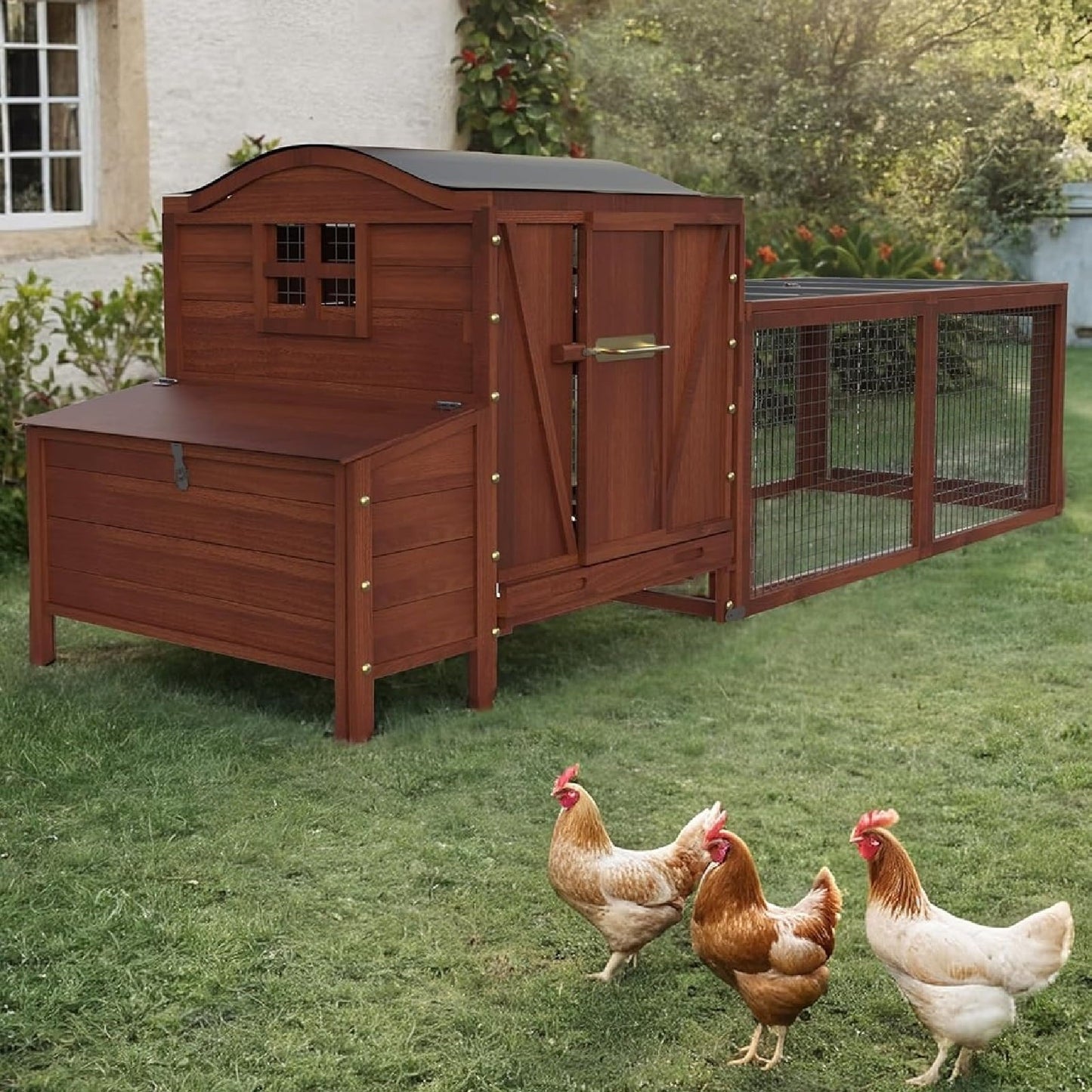 Pinypikaka Large Chicken Coop, Wooden Chicken Coop for 3 4 5 Chickens, 106in Outdoor Hen House with Run, Waterproof Roof, Nesting Box, Pull Out Trays and Ramp, Red