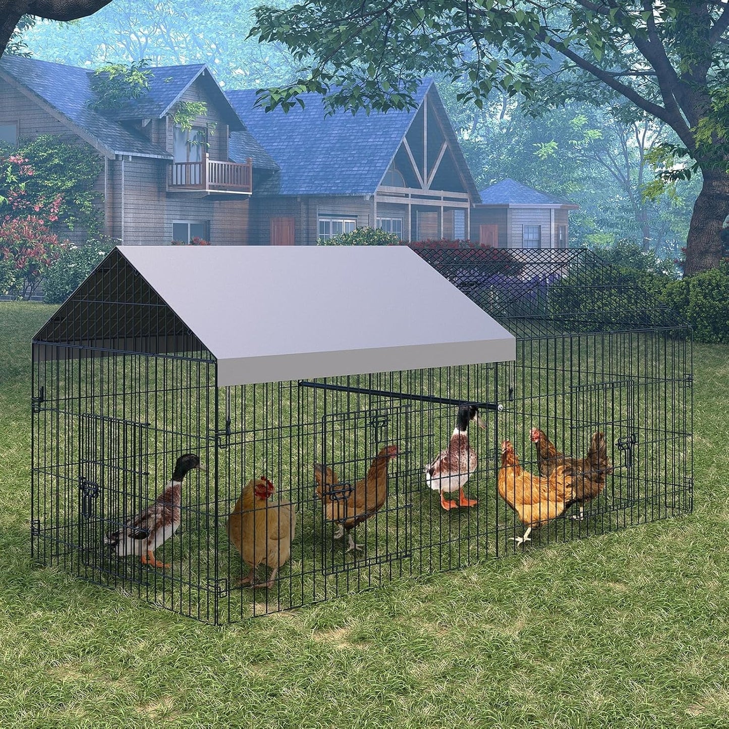 Pinypikaka Metal Chicken Coop with Waterproof Cover, Poultry Cage, Walk in Hen House, Outdoor Backyard Farm Animal Enclosure Crate, Pet Playpen Exercise Pen for Rabbit Duck Hen, 86" L x 40" W x 40" H