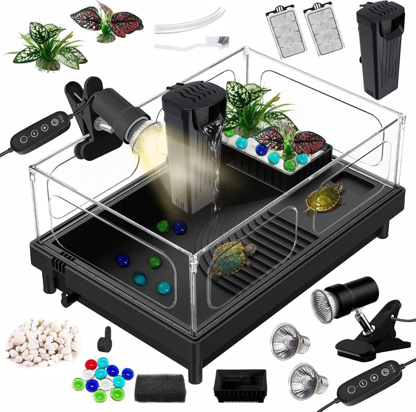 Small Turtle Tank Kit(Tank+Lamp+Filter), Acrylic Turtle Starter Kit with Adjustable Lamp, Reptile Habitat and Terrarium with Multi-Functional Areas for Small Reptiles. (Black Kit)