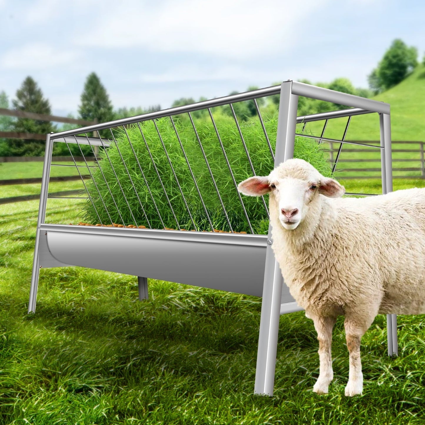 Stainless Steel Livestock Feeder - 77 Gallon 2-in-1 Goat Hay Feeder for Sheep, Horses & Alpacas - Rustproof Large Capacity Farm Animal Feeder