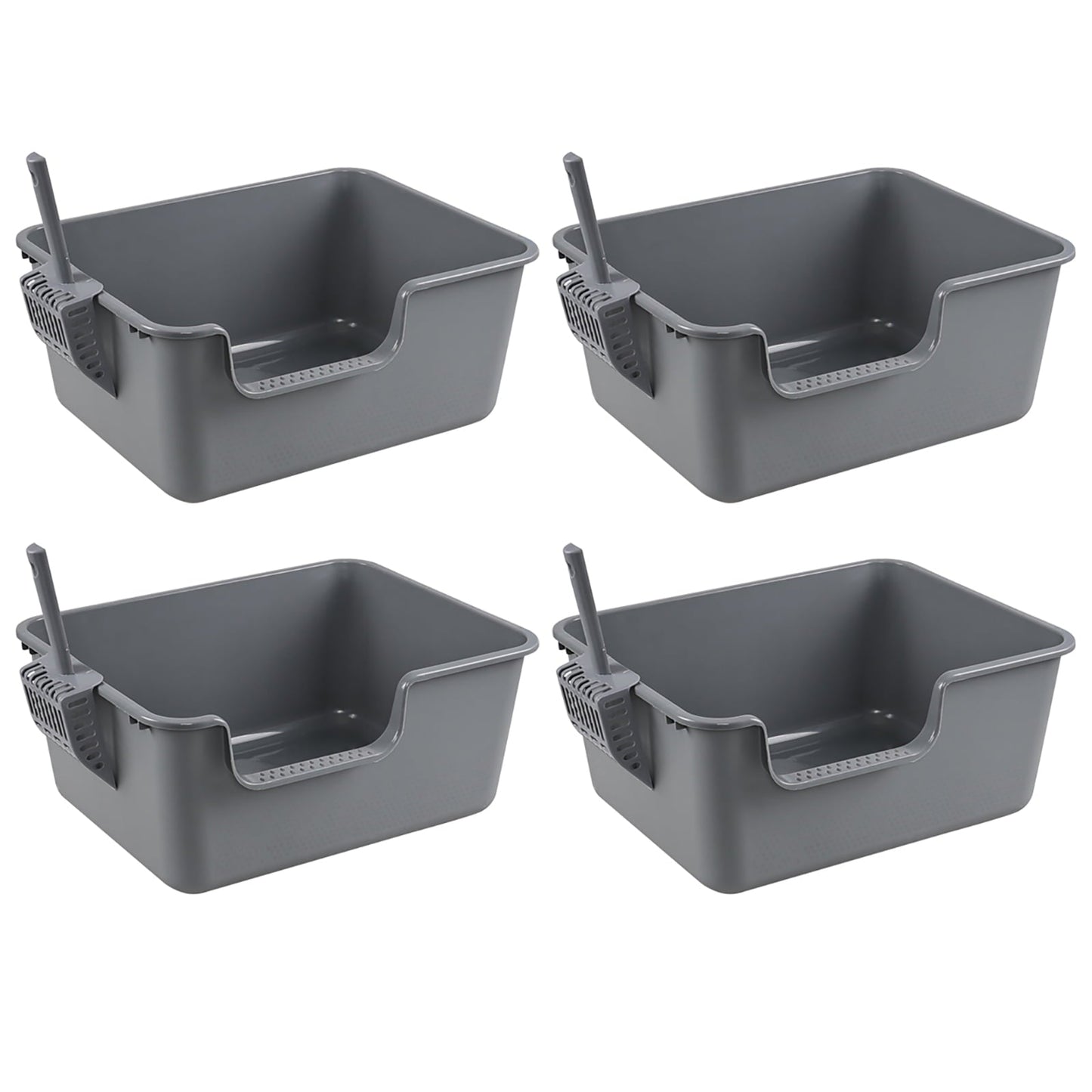 Yesdate 4-Pack Plastic Open Top Kitty Litter Box, Cat Litter Box with High Sides, Including 4 Scoops, Grey
