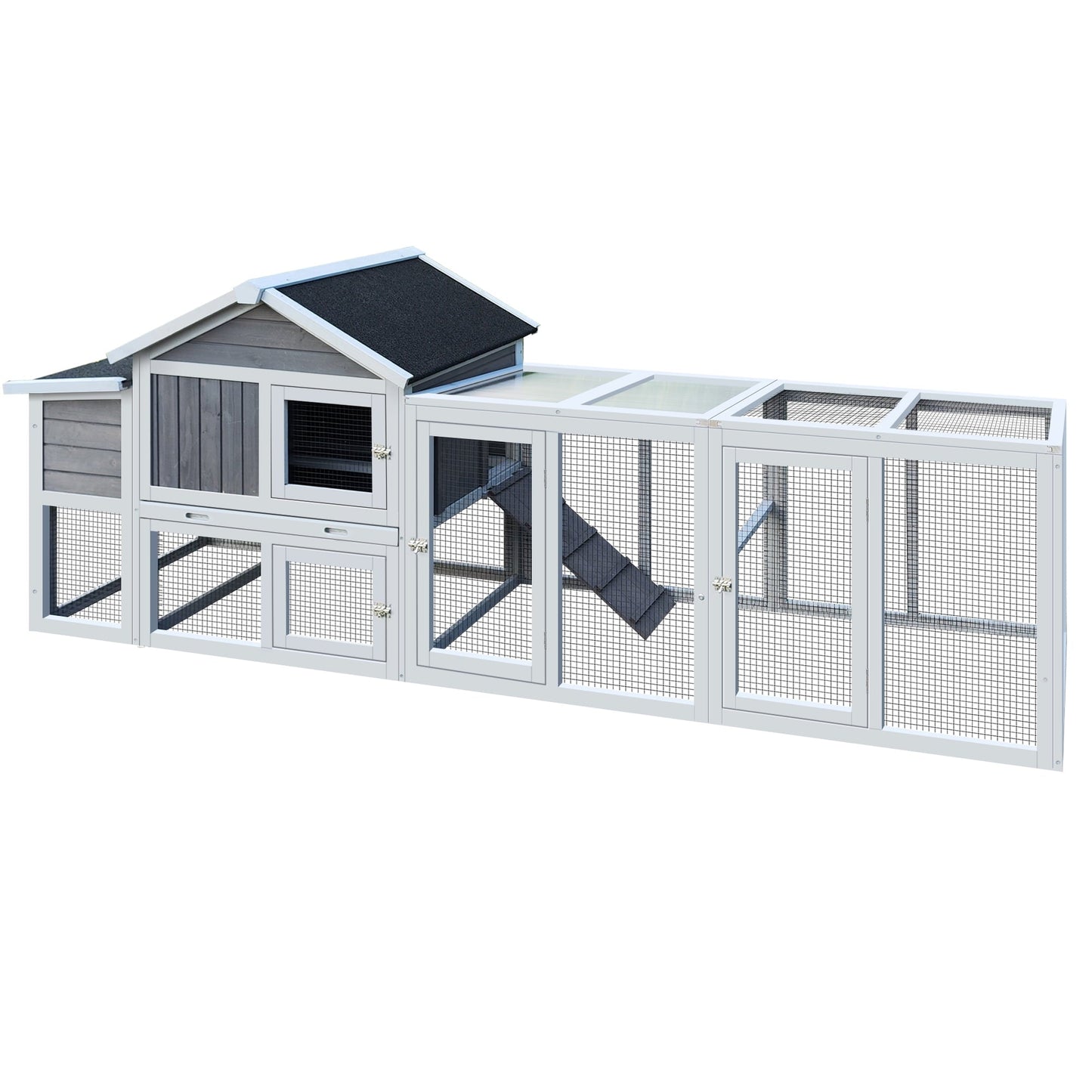Zephypaws 112" Large Wooden Chicken Coop with Nesting Box, Outdoor Chicken Run Cage, Waterproof Hen House for Backyard, Gray
