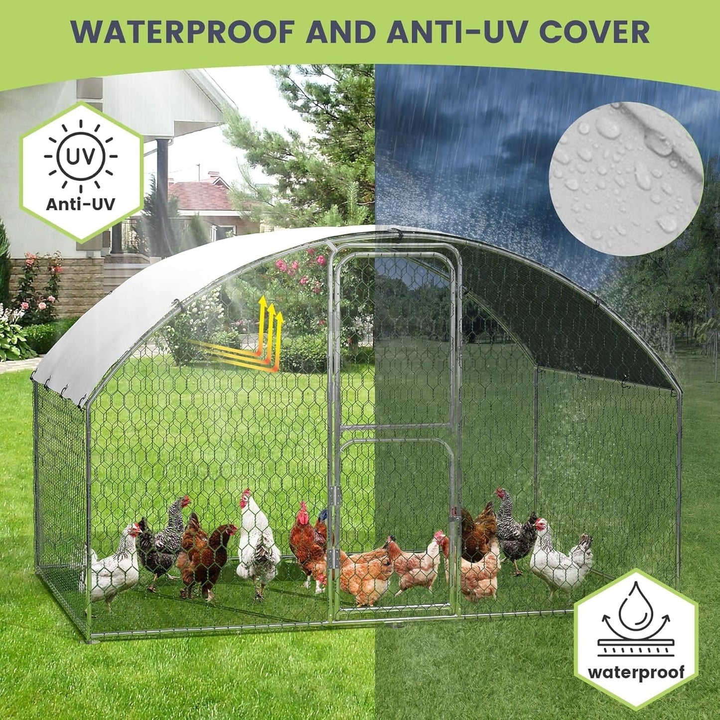 M optimized Large Metal Chicken Coop, Doom Roof Chicken Pen, Wire Mesh Chicken Run with Double Door & Waterproof Cover, Duck Rabbit House Outdoor, 9.8' x 6.5' x 6.5'