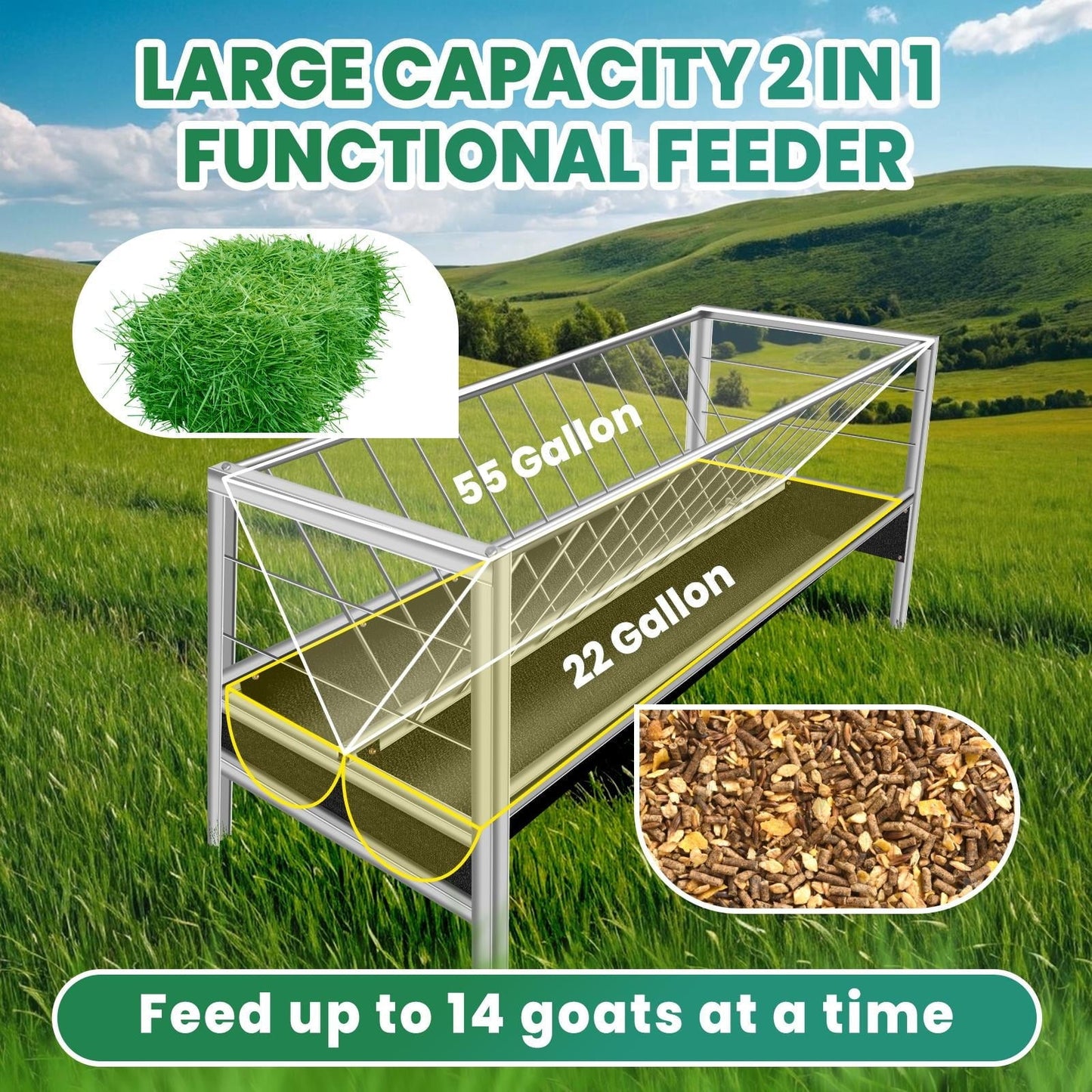 2 in 1 Goat Hay Feeder - 77 Gallon Stainless Steel with Rubber Grooves Livestock Feeder for Goats, Sheep & Horses - Durable Farm Animal Feeding Solution with Large Capacity & Rust-Resistant Design