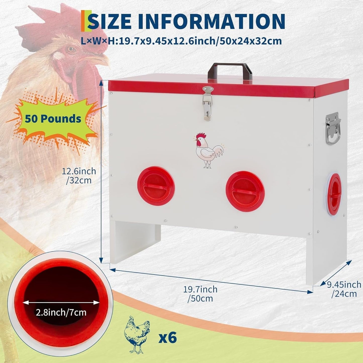 Pinypikaka 6 Ports Automatic Chicken Feeder No Waste, 50 Pounds Duck Poultry Feeder Box Metal Feeders for Chickens with Locking Rainproof Lid Chicken Coop Feed for Chickens, Ducks