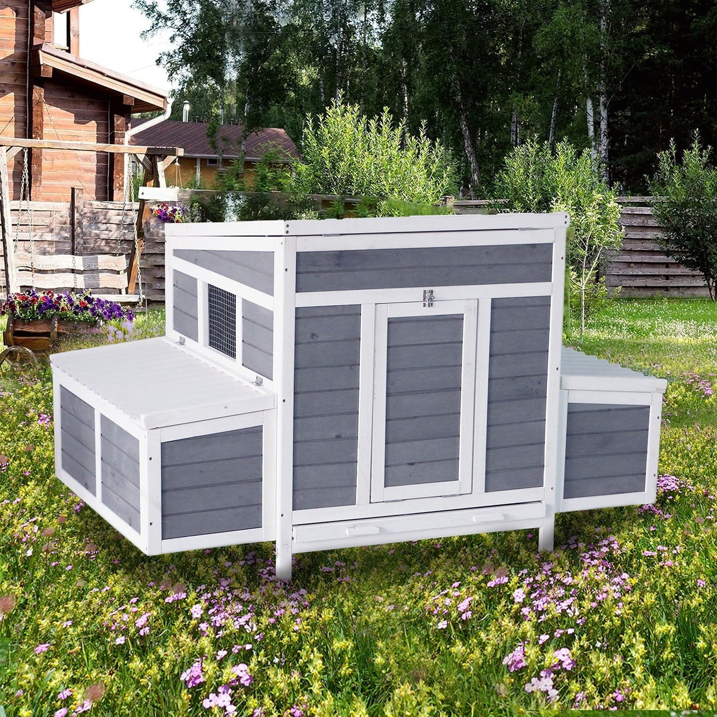 Chicken Coop with 2 Large Nesting Boxes, 59" Chicken Coops, Wooden Hen House for 4-6 Chickens, Outdoor Poultry Cage Duck Coop Weatherproof (Gray)