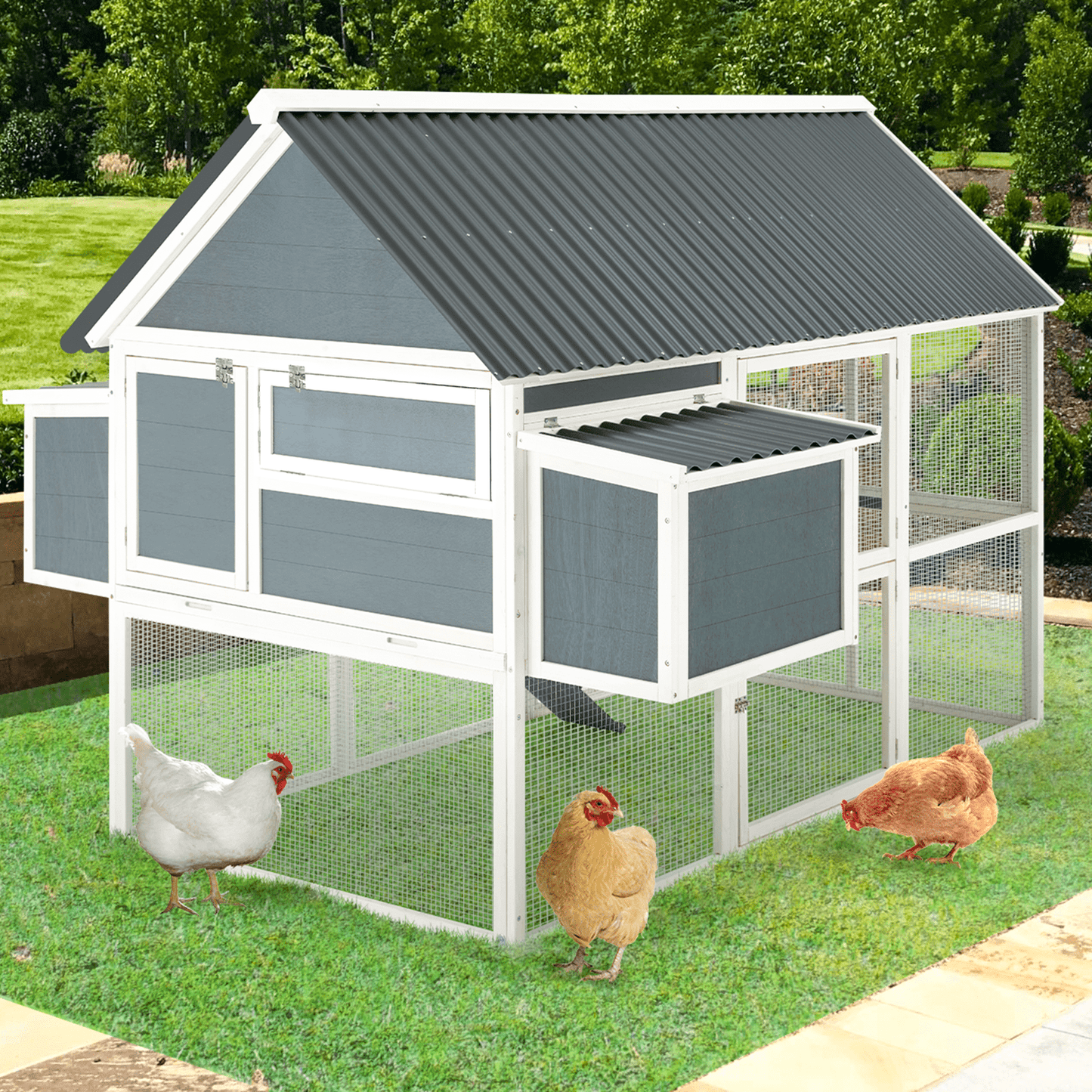 AECOJOY 84” Outdoor Chicken Coops for 10 Chickens Large Wooden Hen Chicken House, Walk in Chicken House with Run