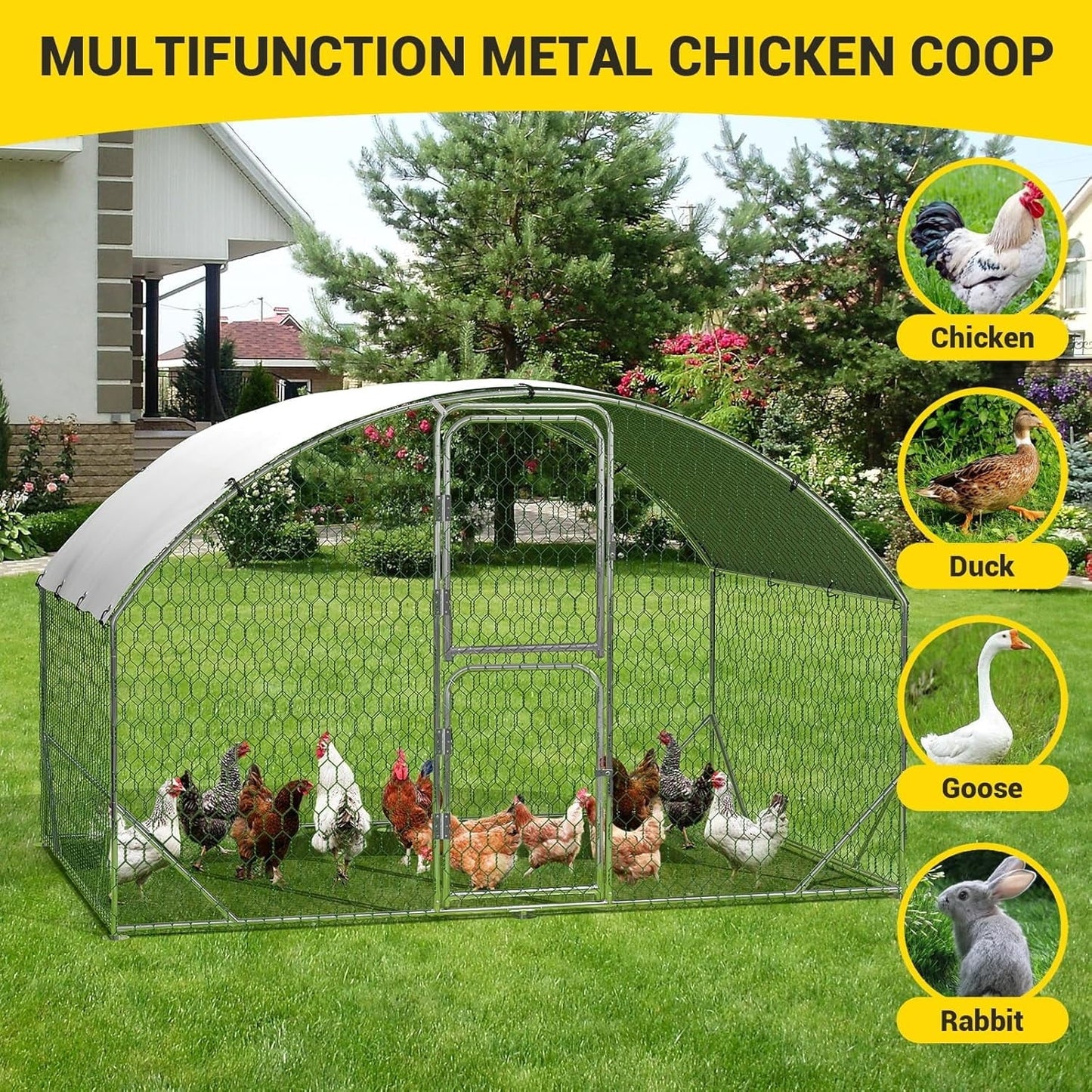 Pinypikaka Large Metal Chicken Coop, Dome Chicken Coop with Upgrade Tri-Supporting, Chicken Run with Double Door & Waterproof Cover, Large Chicken Coop for Outdoor Duck Rabbit