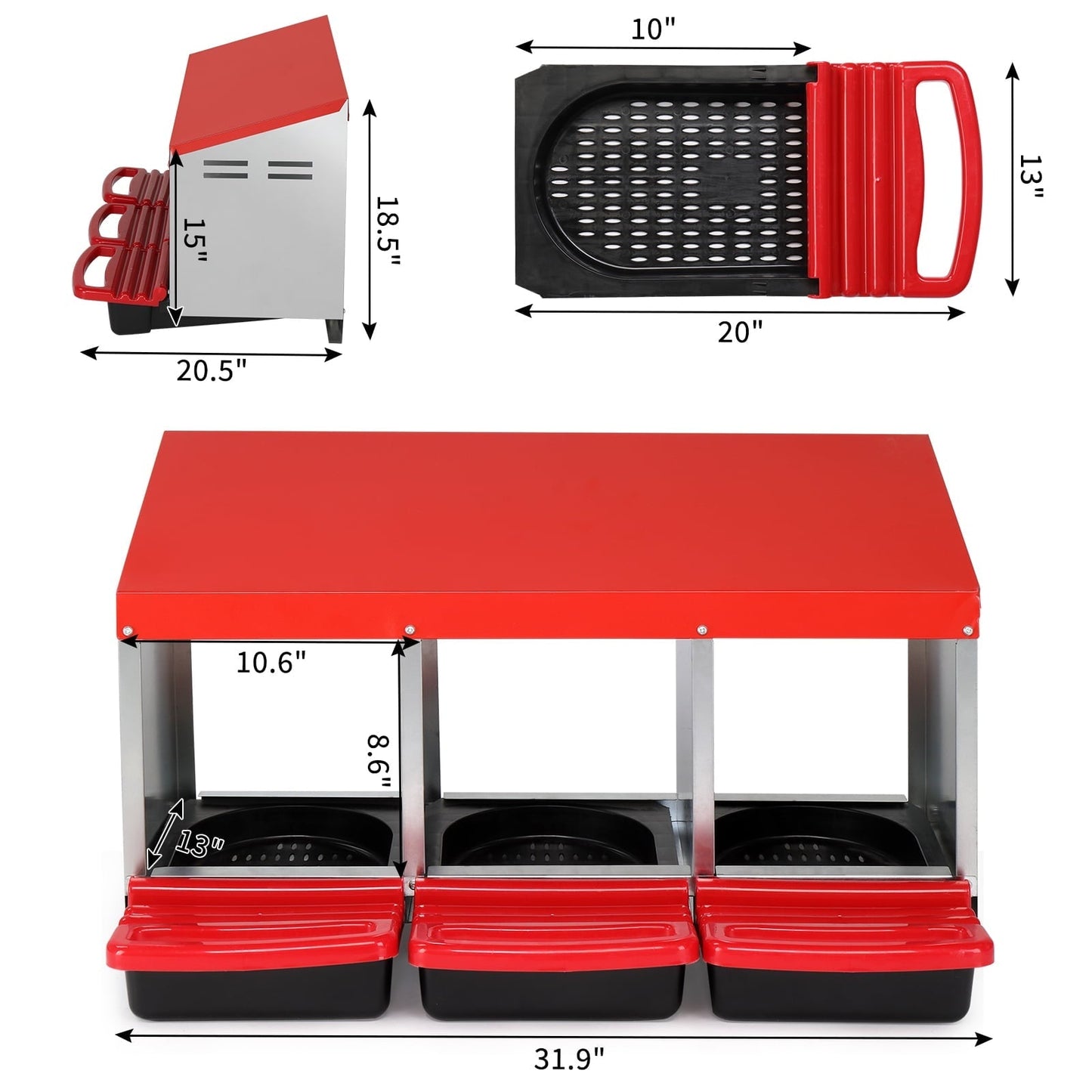 Xilee Chicken Nesting Box, 3 Compartments Chicken Laying Box, Hanging Nesting Box with Egg Saver, Perch Cover for Hen,Red