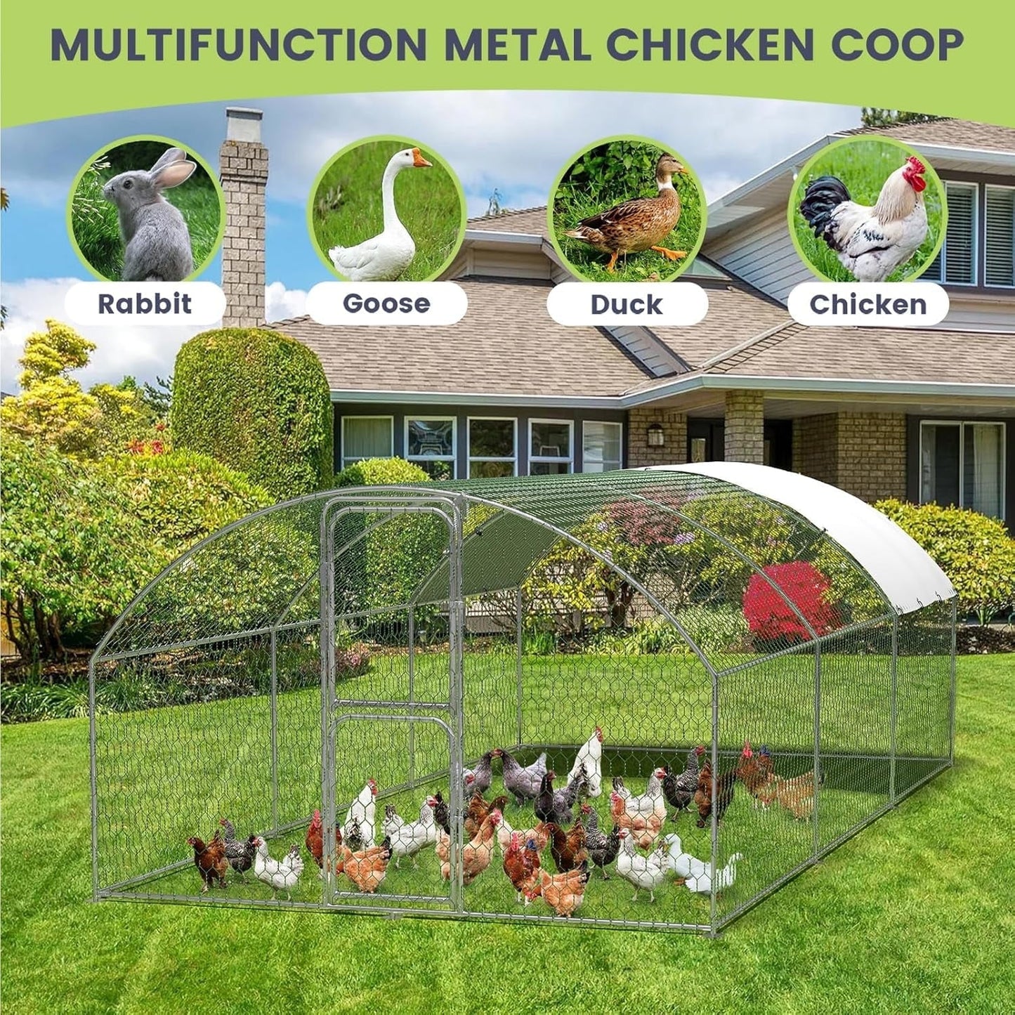 Lumiparty Extra Large Metal Chicken Coop, Walking Poultry Cage Hen Run House Rabbits Habitat Cage Coops, with Waterproof and Anti-Ultraviolet Cover for Backyard Farm, Silver