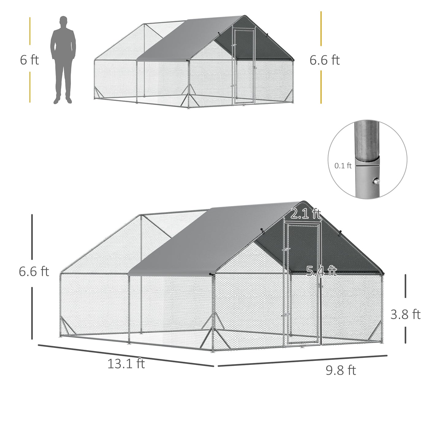 Large Chicken Coop Metal Chicken Run with Waterproof and Anti-UV Cover, Spire Shaped Walk in Fence Cage Hen House for Outdoor and Yard Farm Use, 1" Tube Diameter, 9.8' x 13.1' x 6.6'