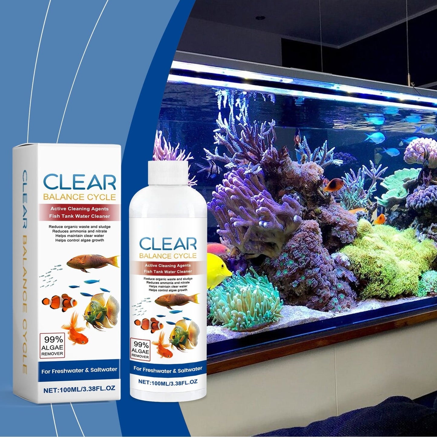 Aquarium Water Clarifier, 3.4 fl oz Liquid to Remove Cloudiness & Sludge, Safe for Freshwater Fish Tanks, Controls Algae & Improves Clarity
