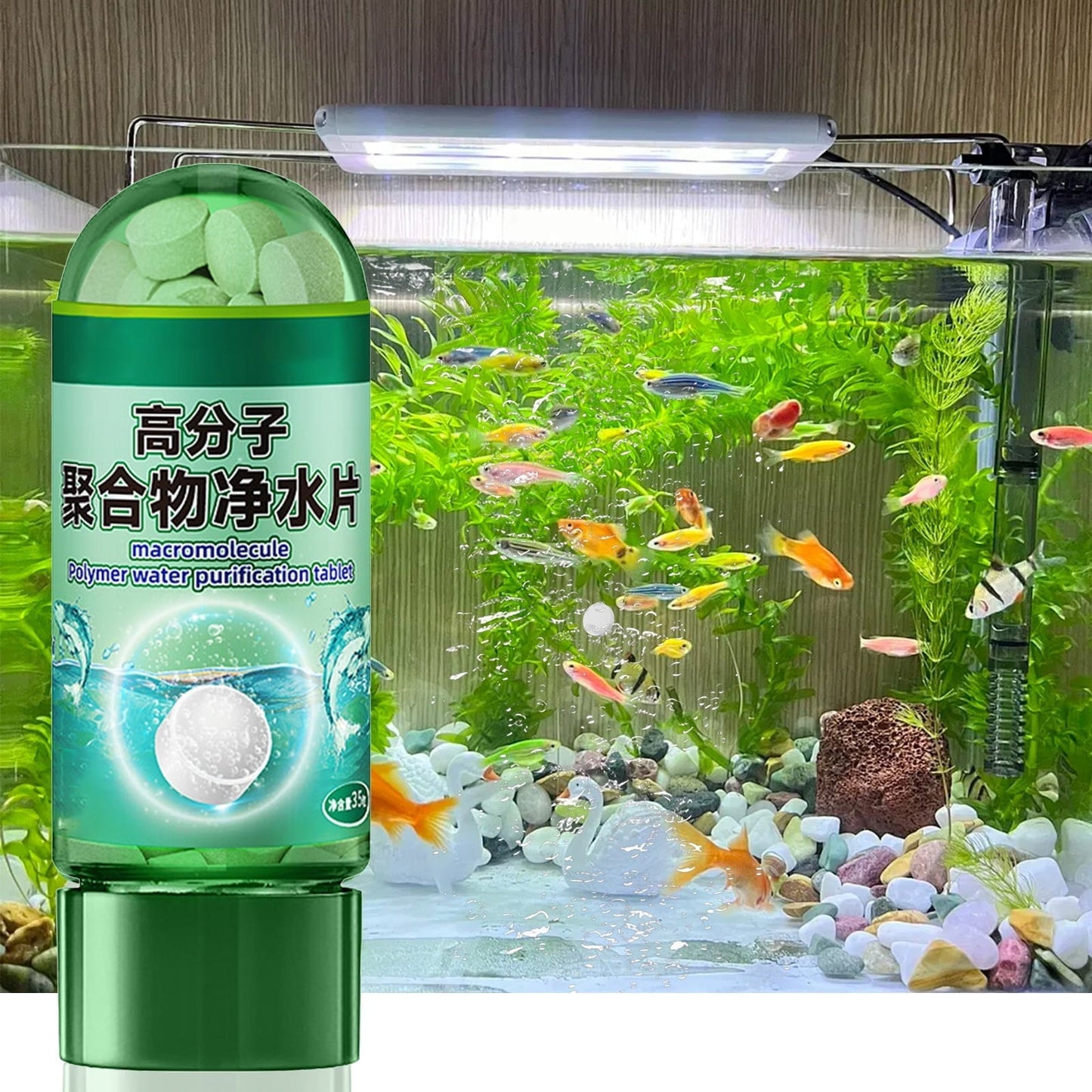 Polymer Water Purification Tablets for Fish Tanks - Fast Acting Water Clarifier, Removes Impurities & Odors, Safe for All Fish, Long-Lasting Clean, Easy to Use for Freshwater & Saltwater Aquariums