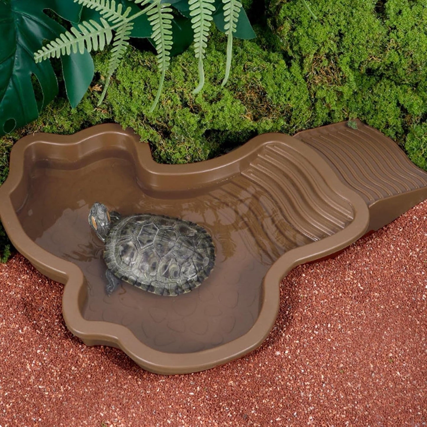 Extra Large Reptile Bathing Pool Reptile Feeding Dish Water Bowl with Ramp Turtle Bath Aquarium Ornament for Leopard Tortoise Scorpion Snake Turtle Lizard Bath (Brown Yellow)