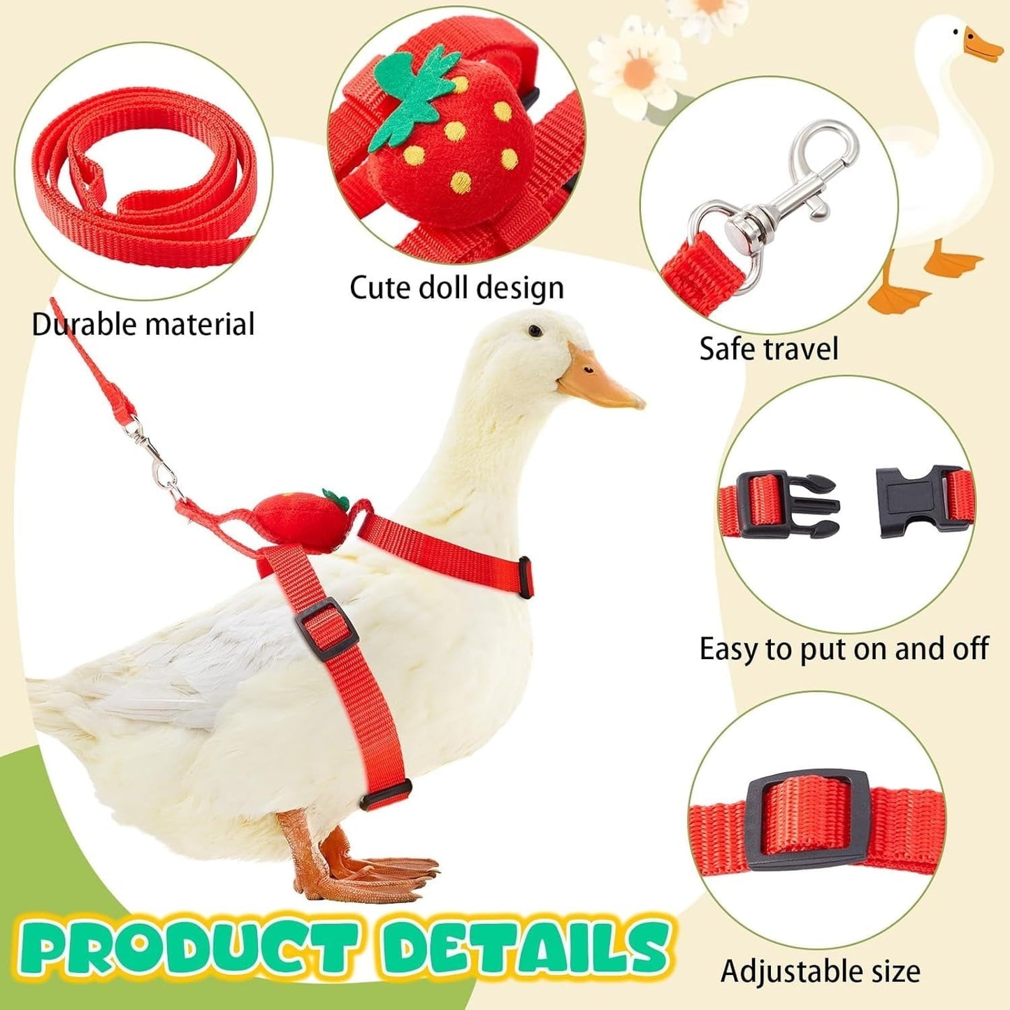 ShengVisions Small Animal Harness & Leash - Secure Outdoor Walking Gear for Ducks/Rabbits (Strawberry, XS)