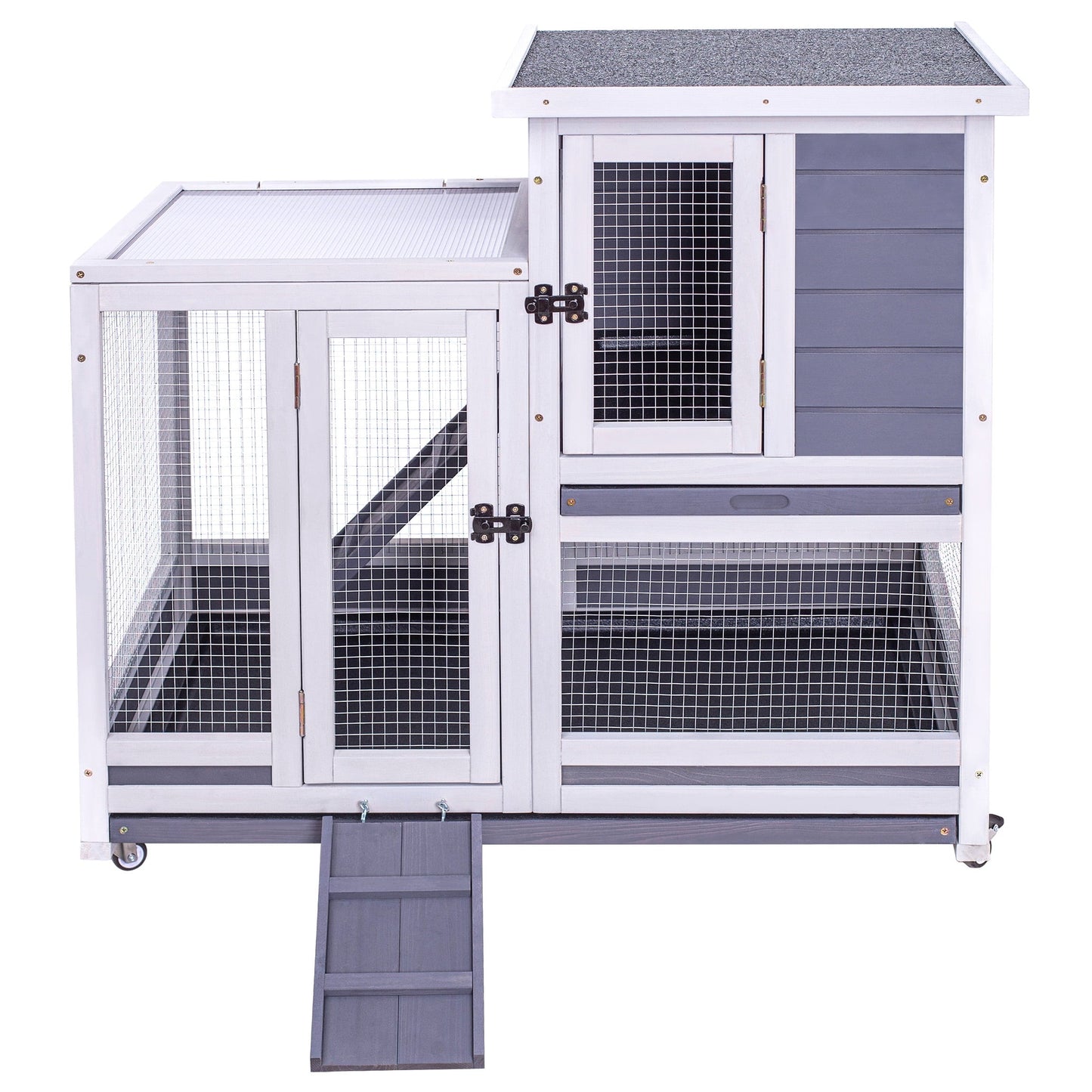 GEGURI Rabbit Hutch, Two-Story Indoor Bunny Cage, Outdoor Guinea Pig Cages for Small Animals with Wheels, Removable Tray