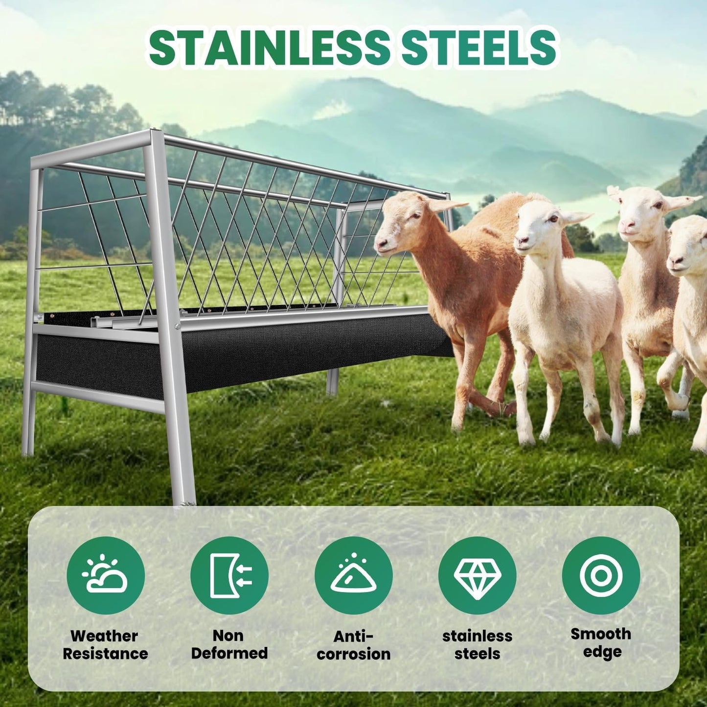 2-in-1 Livestock Feeder for Goats ,77 Gallon Goat Hay Feeder , Stainless Steel with Rubber Grooves Goat Feeder for Sheep, Horses - Rust-Resistant & Large Capacity
