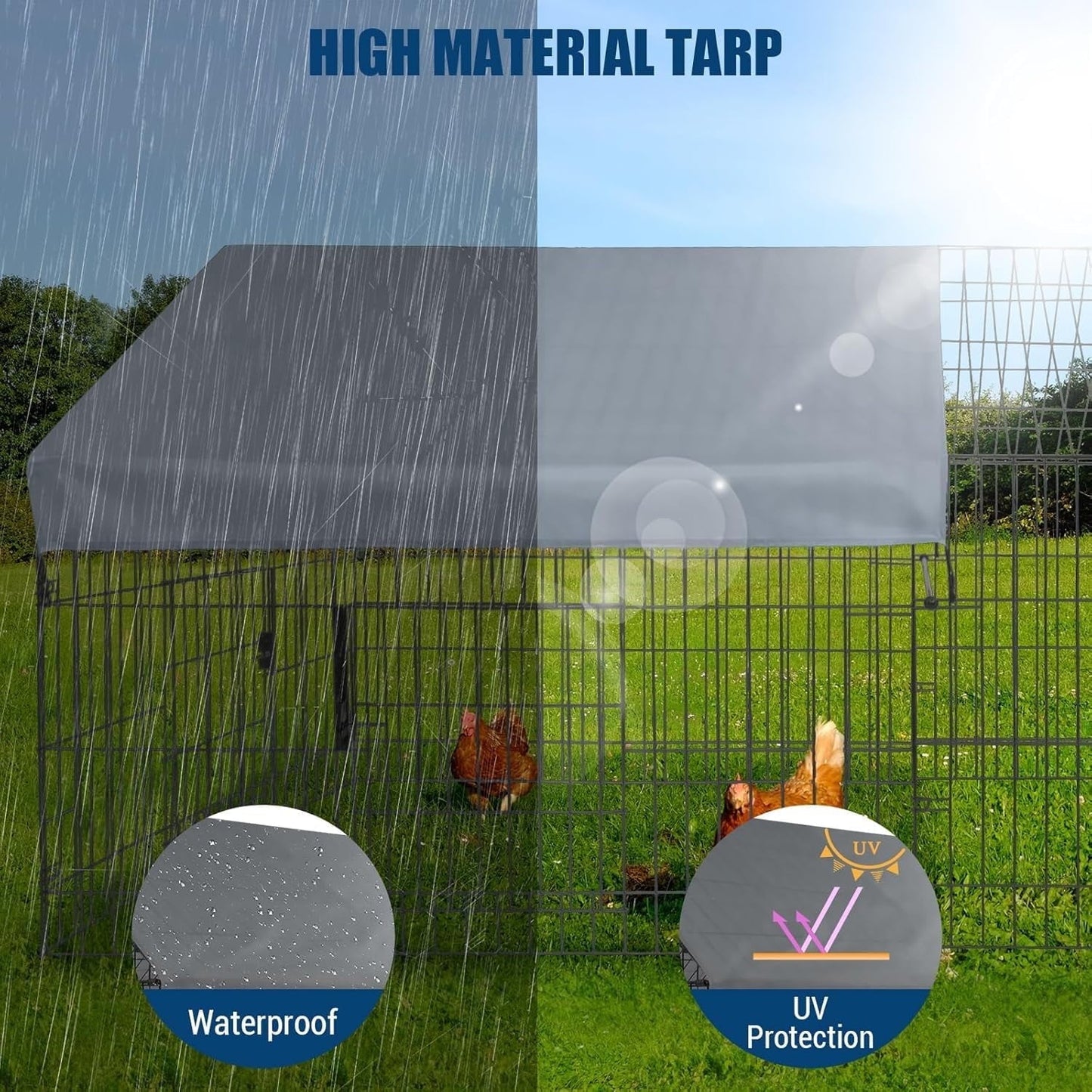 Lumiparty Portable Metal Chicken Coop, Spire Shaped Chicken Run Rabbits Habitat with Waterproof and Anti-Ultraviolet Cover for Backyard Farm, Black