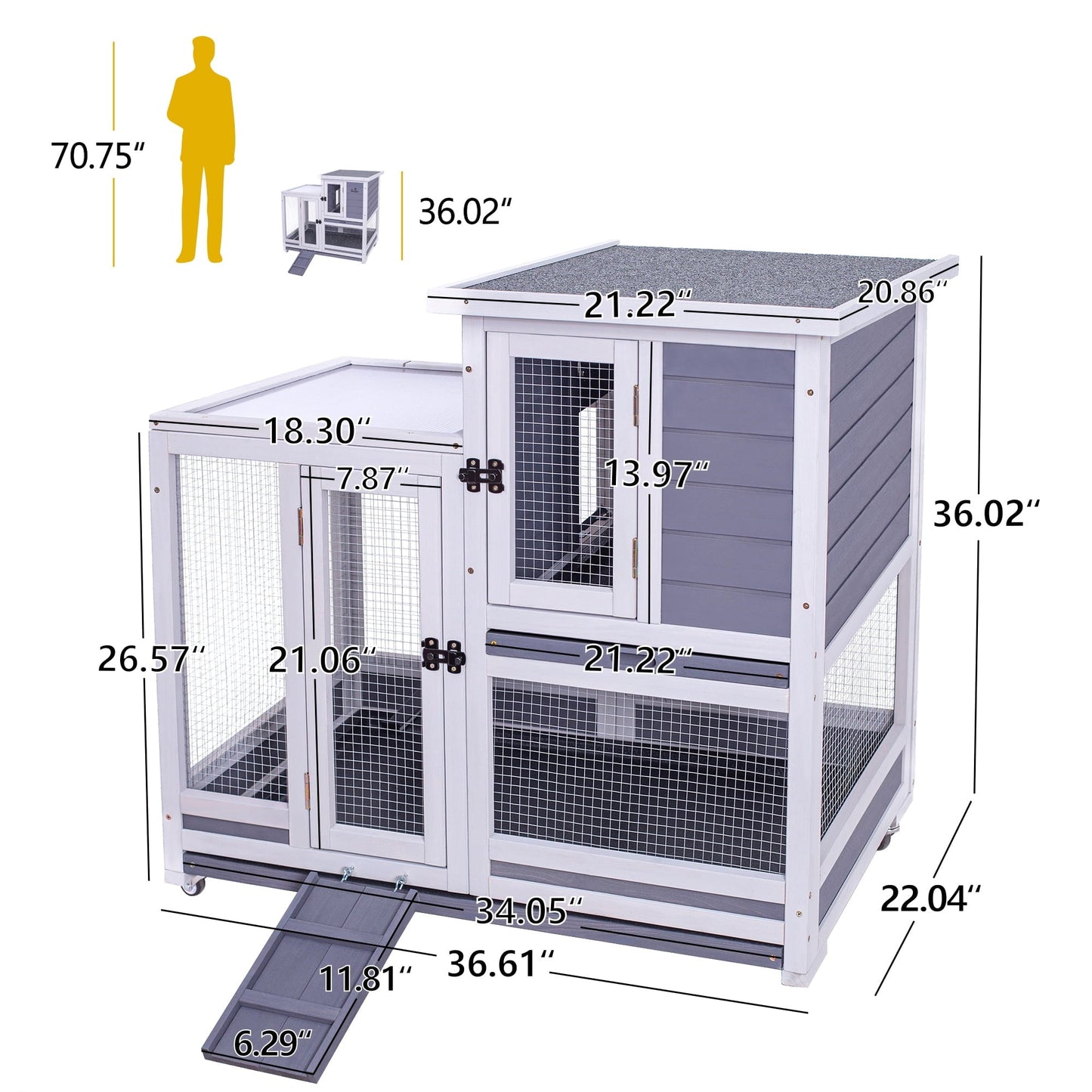GEGURI Rabbit Hutch, Two-Story Indoor Bunny Cage, Outdoor Guinea Pig Cages for Small Animals with Wheels, Removable Tray