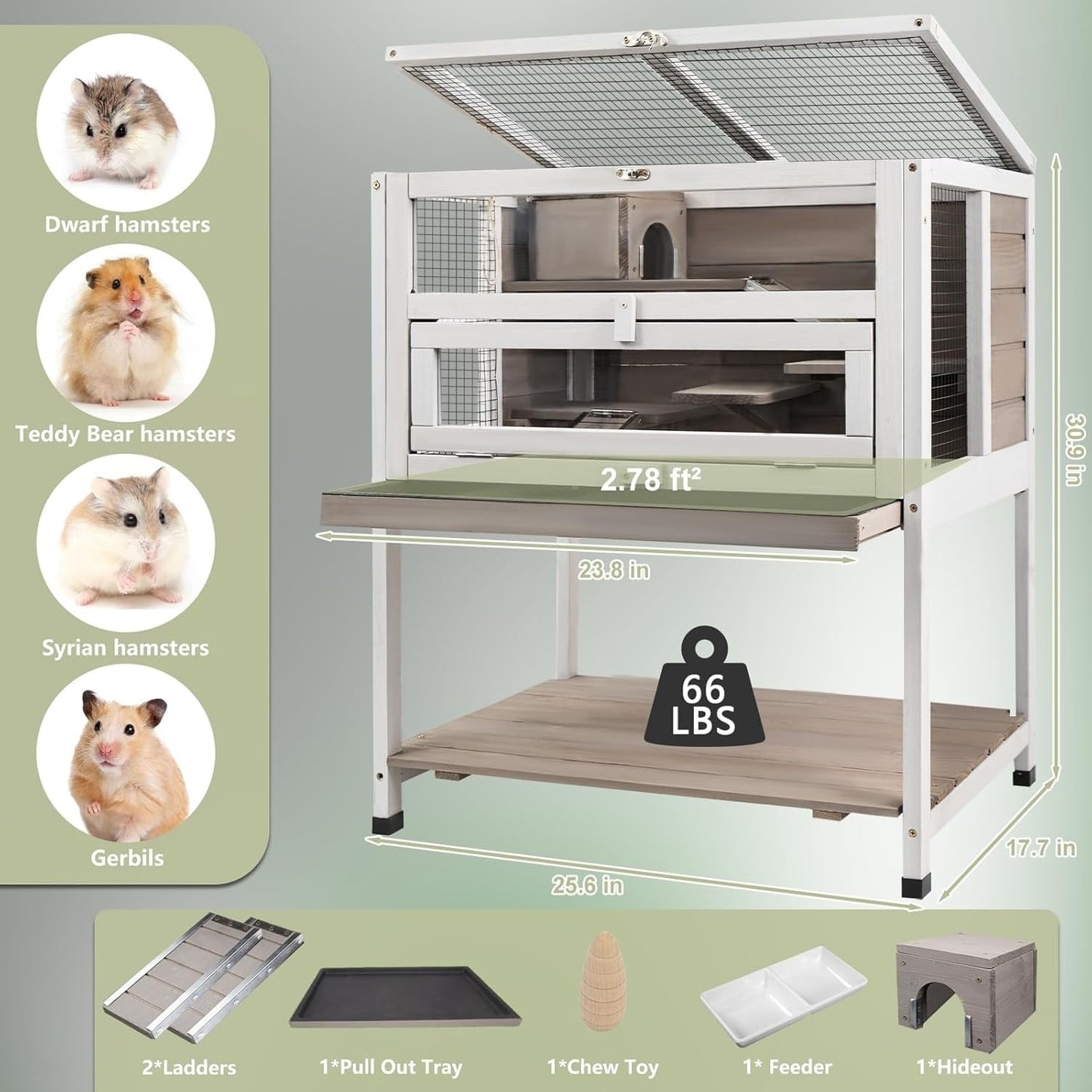 Gowoodhut Hamster Cages Wooden Guinea Pig Cage Indoor with Hideout for Small Animals, Gray