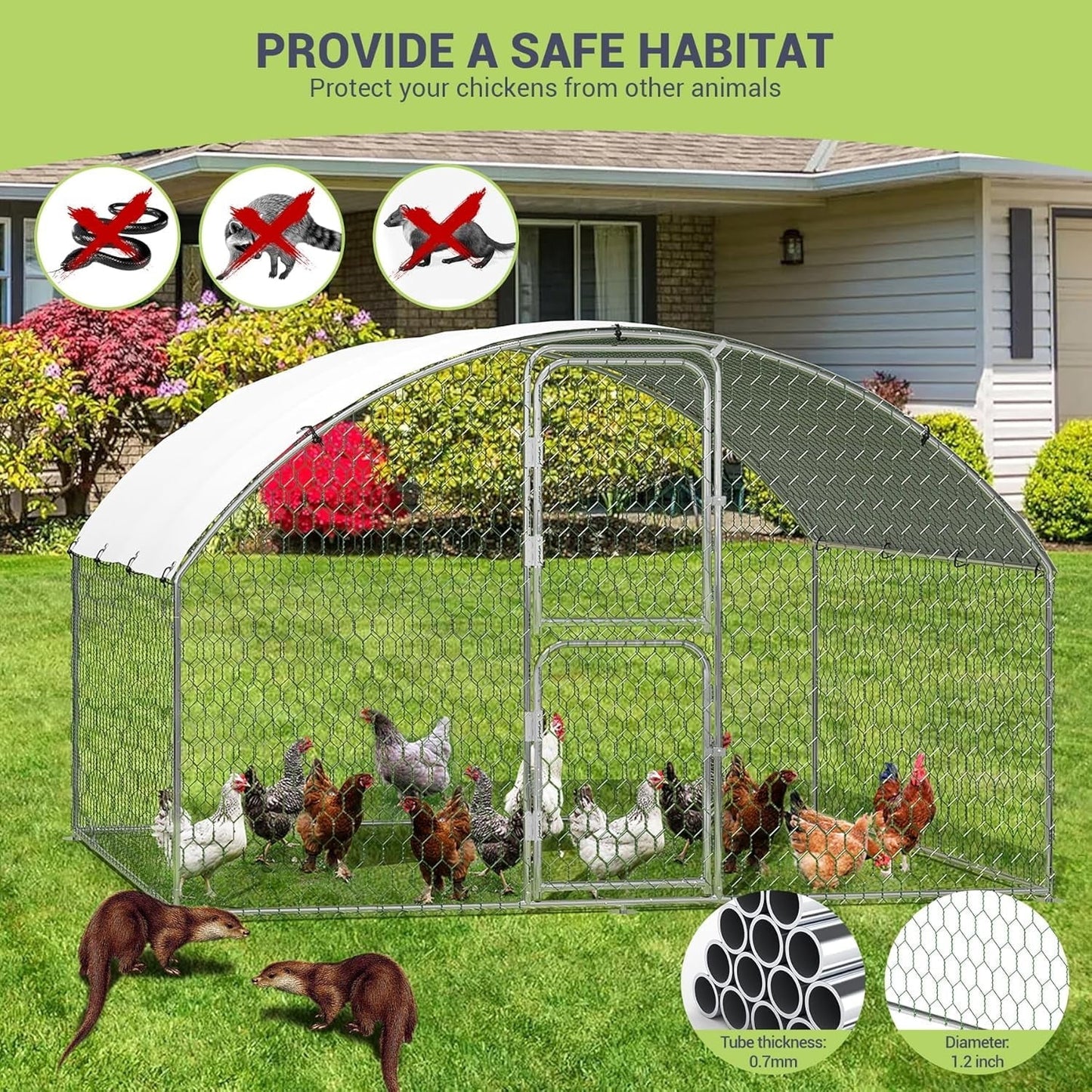 Large Metal Chicken Coop, Doom Roof Large Chicken Run for Yard, Walk-in Poultry Cage with Double Door & Waterproof Cover, Chicken Pen for Outdoor Backyard Farm