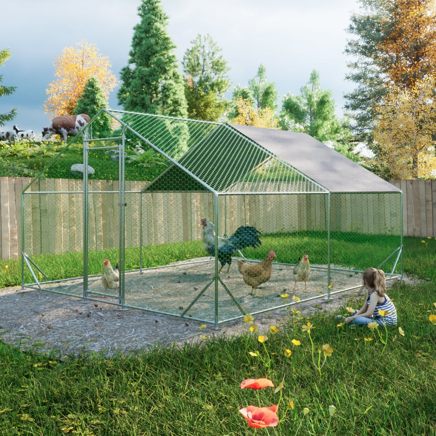 Coowa Large Metal Chicken Coop, Walk-in Chicken Run with Galvanized Wire, Waterproof UV Cover, Hen Pen Cage for Rabbits, Ducks, Poultry, 10' L x 13' W x 6.56' H