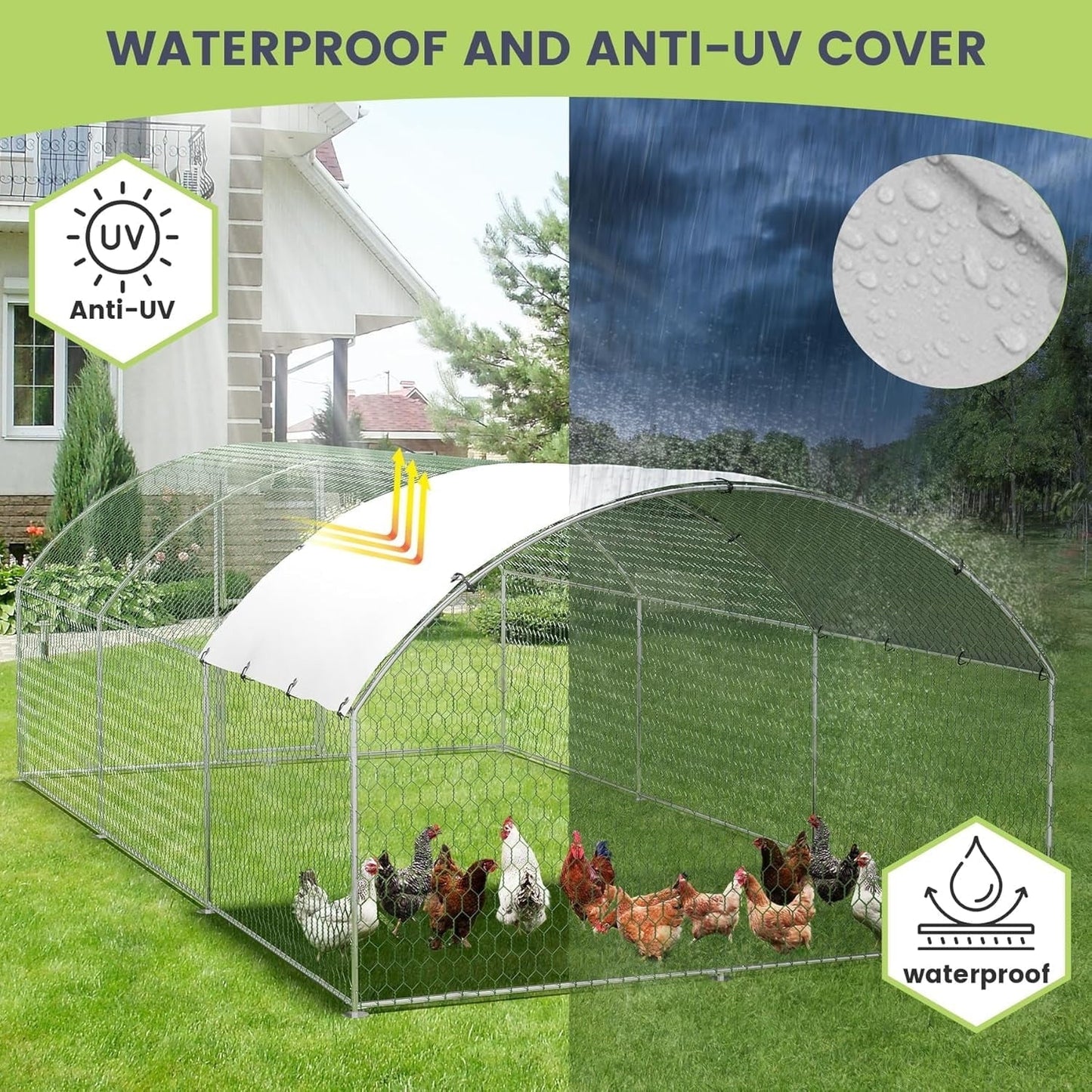 Lumiparty Extra Large Metal Chicken Coop, Walking Poultry Cage Hen Run House Rabbits Habitat Cage Coops, with Waterproof and Anti-Ultraviolet Cover for Backyard Farm, Silver