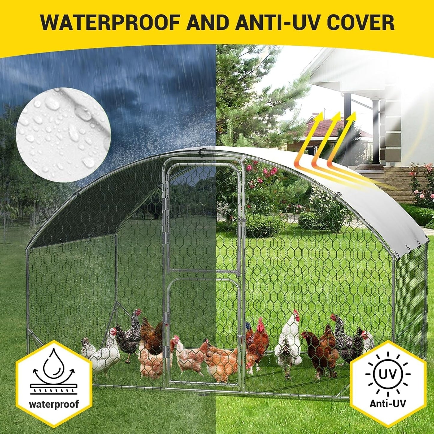 Large Metal Chicken Coop, Chicken Runs for Yard with Cover, Large Chicken Run with Double Door and Upgrade Tri-Supporting, Walk in Chicken Coop for Outdoor Farm Yard, 9.8' W x 6.5' D x 6.5' H
