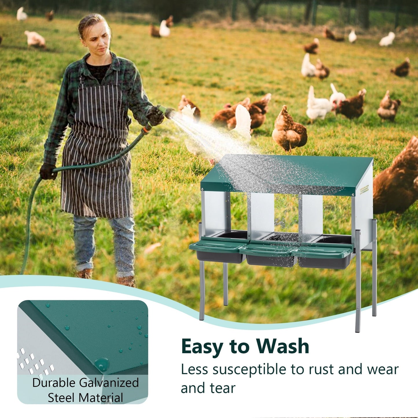 Nesting Boxes for Chickens, 3 Holes Chicken Nesting Boxes with Legs, Chicken Laying Box with Lid Cover, for Outdoor Chicken Coop Farm Yard, Rreen