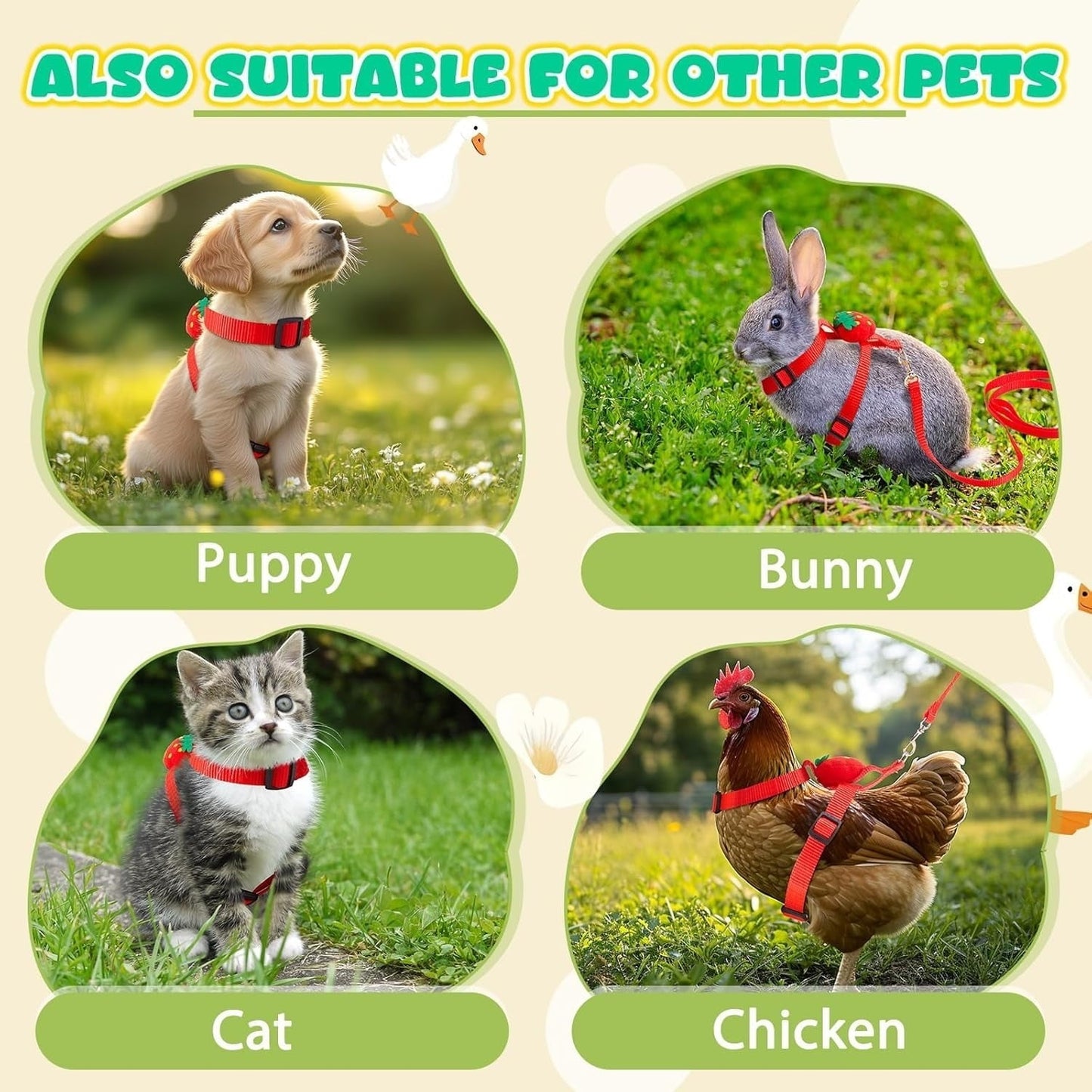 ShengVisions Small Animal Harness & Leash - Secure Outdoor Walking Gear for Ducks/Rabbits (Strawberry, XS)