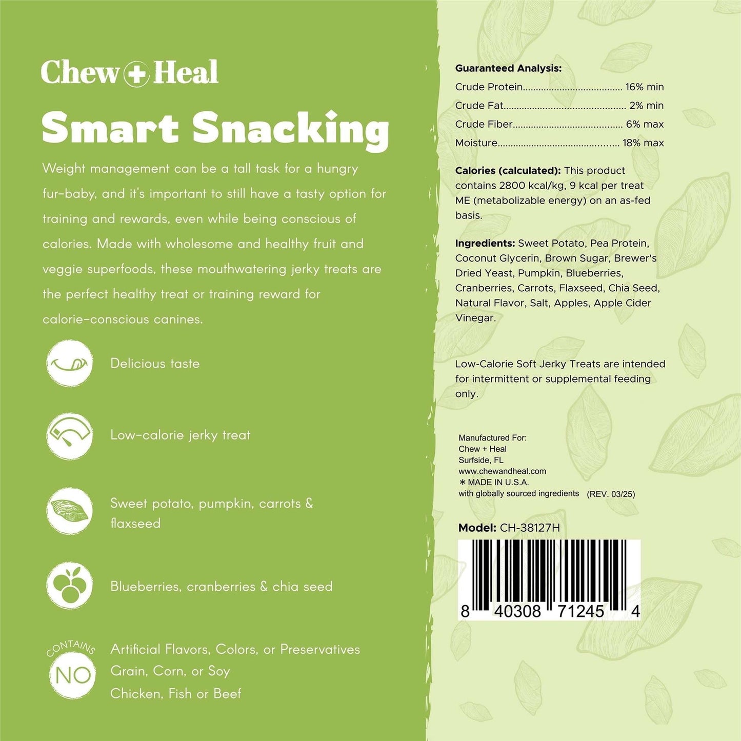 Chew + Heal Low Calorie Dog Jerky Treats - 5 oz of Plant Based Natural Dog Treats