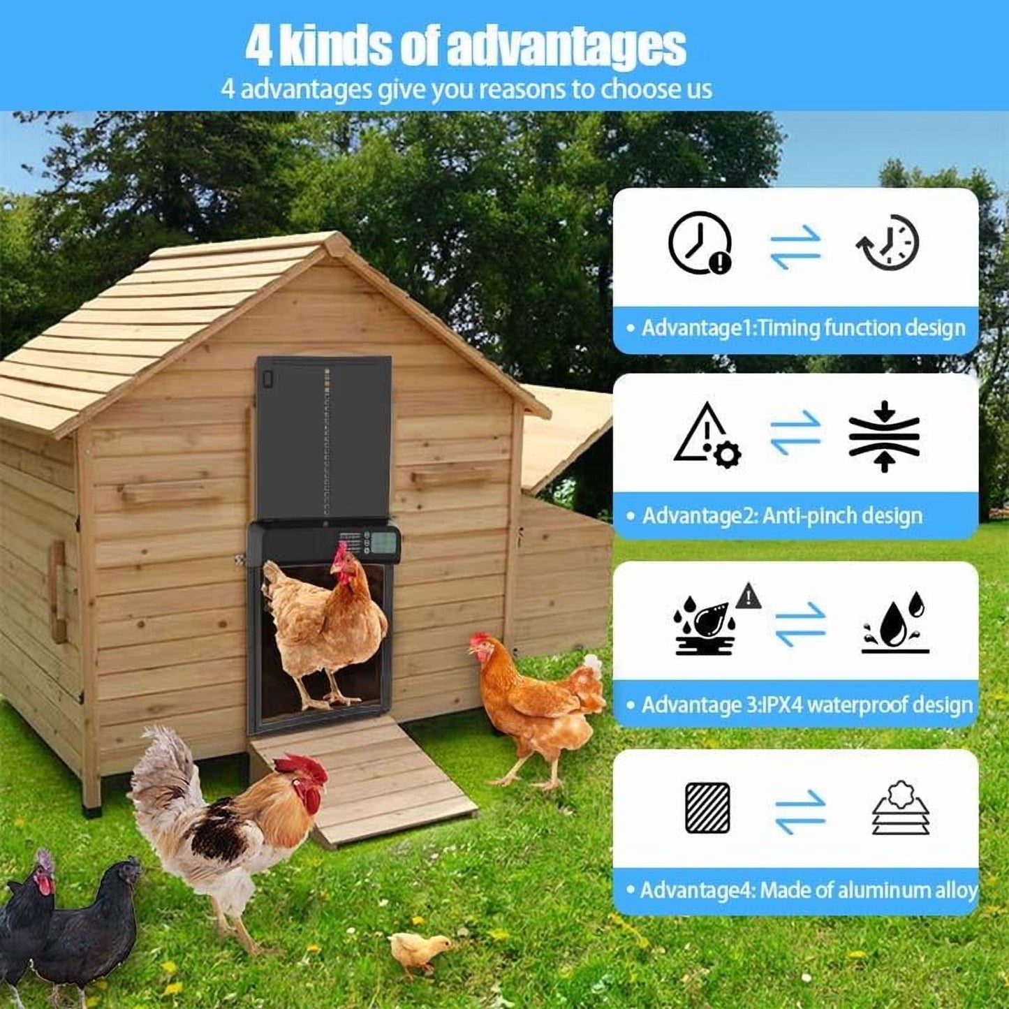 Automatic Chicken Coop Door – Battery Powered, LCD Display, Weatherproof & Safe, 2 Modes (Timer & Manual)