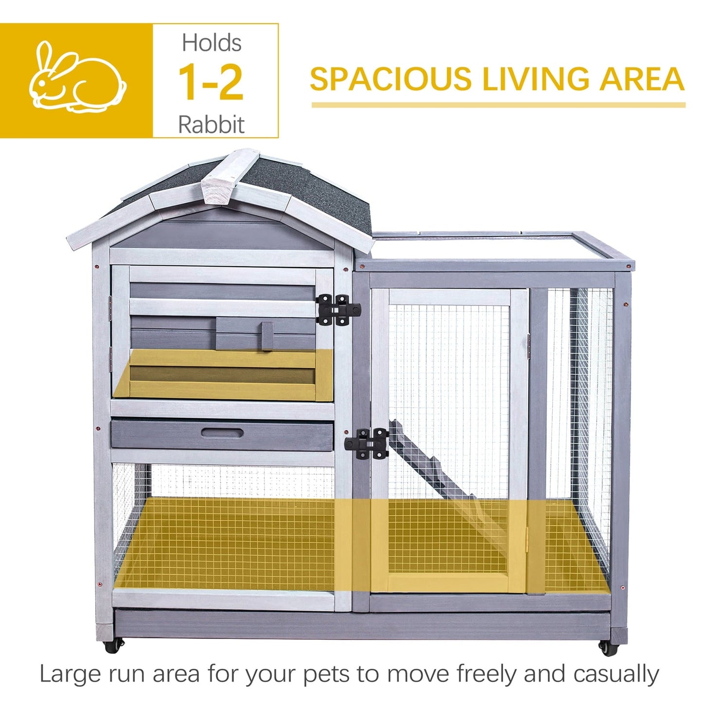 Rabbit Hutch Indoor Rabbit Cage Outdoor, Wooden Bunny Cages for Guinea Pig with Wheels, Removable Tray, Ramp
