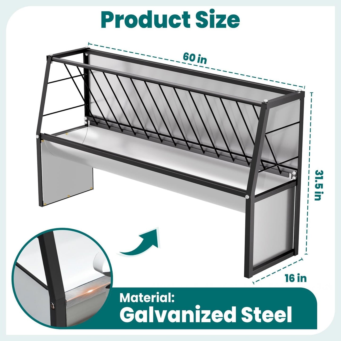 60 Gallon Feeder, Galvanized Steel Livestock Hay Feeder with 35 & 25 Gallon Compartments, Ideal for Goats, Cows in Outdoor Pasture, Ranch, Stable