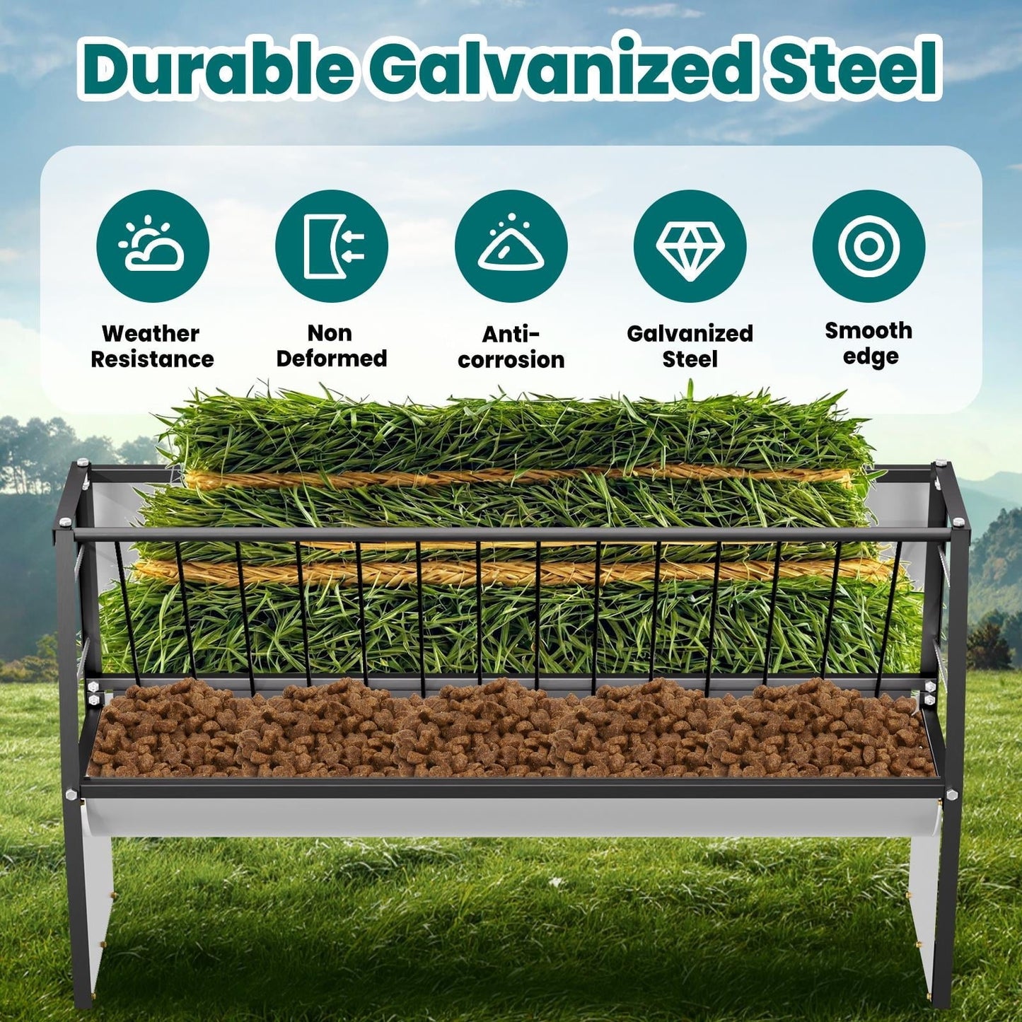 60 Gallon Feeder, Heavy Duty Galvanized Steel Pasture Hay Feeder, Large Capacity for Goats, Sheep, Miniature Horses in Ranch, Barn Yard, Grazing Area