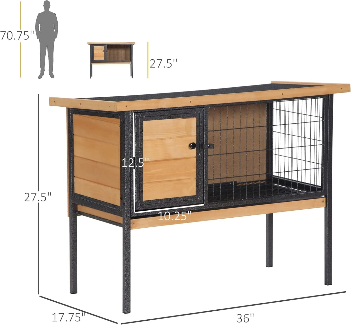 Rabbit Hutch Elevated Bunny Cage Small Animal Habitat with Metal Frame, No Leak Tray, Mtetal Wire Pan and Openable Water-Resistant Asphalt Roof for Indoor/Outdoor Natural Wood
