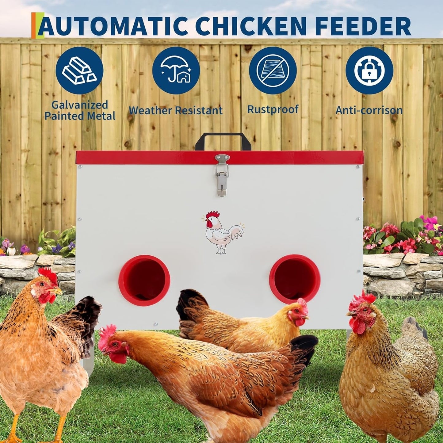 6 Ports Automatic Chicken Feeder No Waste, 50 Pounds Duck Poultry Feeder Box Metal Feeders for Chickens with Locking Rainproof Lid Chicken Coop Feed for Chickens, Ducks