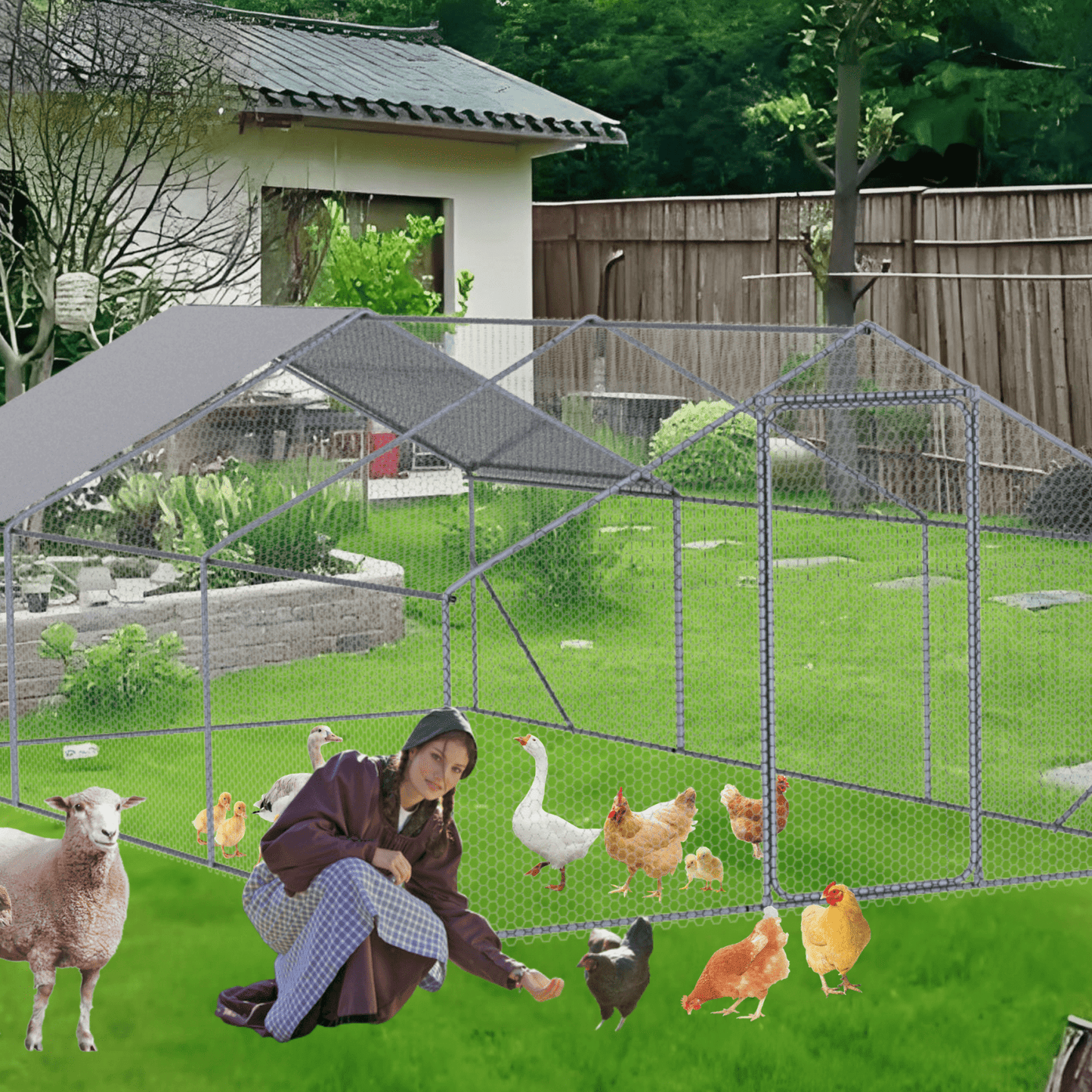 Sturdy Metal Chicken Coop with Predator-Proof Mesh & Lockable Steel Door (20x10x6FT) – 3-Unit Setup for Secure Outdoor Farm Use