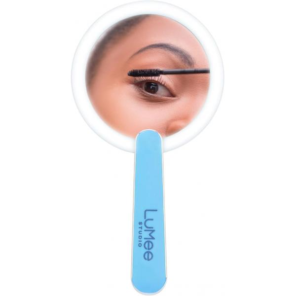 Lumee Lighted Makeup Mirror - LED Light Round with Rechargeable Battery, Folding Handle Compact Portable Hand for Party Travel Office Iridescent (Included USB A to Micro Cable)
