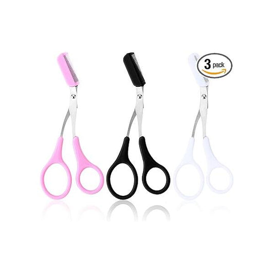 3 Pack Eyebrow Scissors with Comb Detachable Professional Stainless Steel Non Slip Eyelash Grooming Trimmer Remover Beauty Makeup Tool Accessories for Men Women(Pink,White,Black)