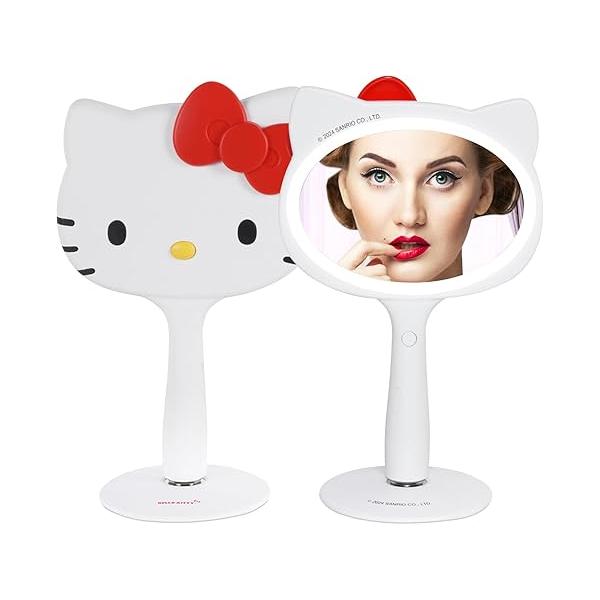 Impressions Vanity Hello Kitty LED Handheld Makeup Mirror with Magnetic Ball Standing Base, Velvety Soft Touch Finish, Ultra Bright Adjustable Brightness, Portable Lighted Mirrors for Travel and Home