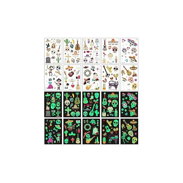 Dead of the Day Luminous Temporary Tattoos, 125PCS Halloween Glow in Dark Waterproof Body Stickers, Face Fake Tattoos Decorations, Sugar Skeletons Makeup Party Favors Supplies Decor Kids Adults