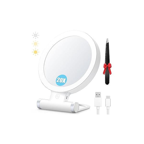 MIYADIVA 20X Magnifying Mirror with Light, Travel Mirror, 1X/20X Vanity Adjustable Handle Makeup Touch Switch Light up for Plucking Eyebrows