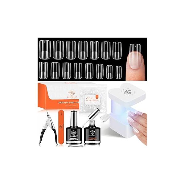 modelones Gel Nail Kit, Fake Nails Long Coffin, 9-in-One Glue Prep Dehydrator & Portable Mini U V Light Acrylic Clipper, 500Pcs Coffin Tips for Extension Kit DIY Salon Home Gifts Women