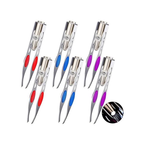 Tatuo 6 Pcs Light Stainless Steel Tweezers with LED, Makeup Eyelash Eyebrow Hair Removal Illuminating Lighted for Precision Men Women(Red, Purple, Dark Blue)