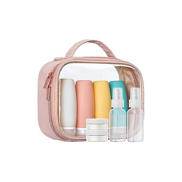 PACKISM TSA Approved Toiletry Bag with Bottles - Travel Essentials 8 Pack Leakproof 3.4oz Silicone for Toiletries, Shampoo Conditioner Lotion Body Wash BPA Free, Pink