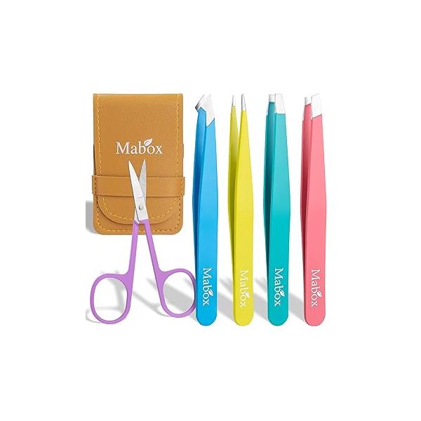 Professional Tweezer Set with Case - 5 Pieces Slanted and Pointed Stainless Steel Set, Precision Slant Tweezers for Eyebrows, Facial Hair, Ingrown Splinter Blackhead